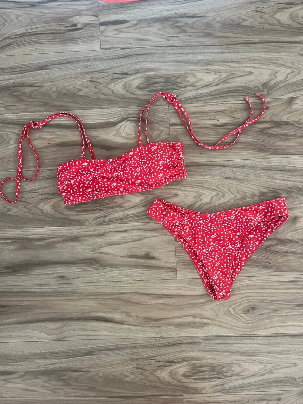 SHEIN Red Ditsy Floral Bandeau Bikini Set